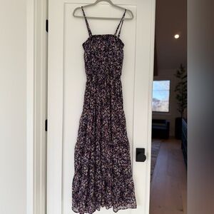 Evereve Black Floral Smocked Maxi Dress with Purple and Pink Accents, Size Small